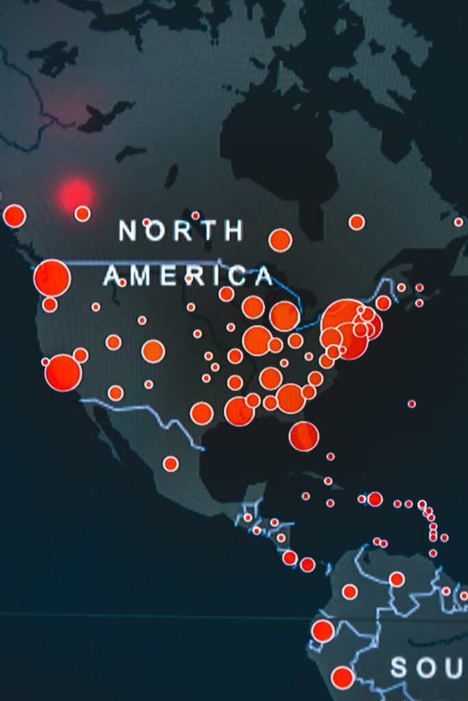 Mapa digital con puntos de datos en Norteamérica y Centroamérica.